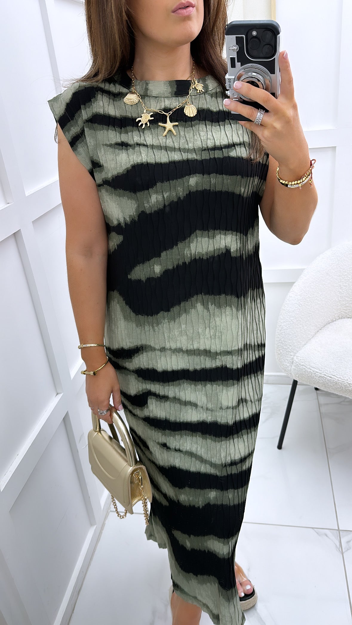 STEPHANIE green and black stripe high neck midi dress