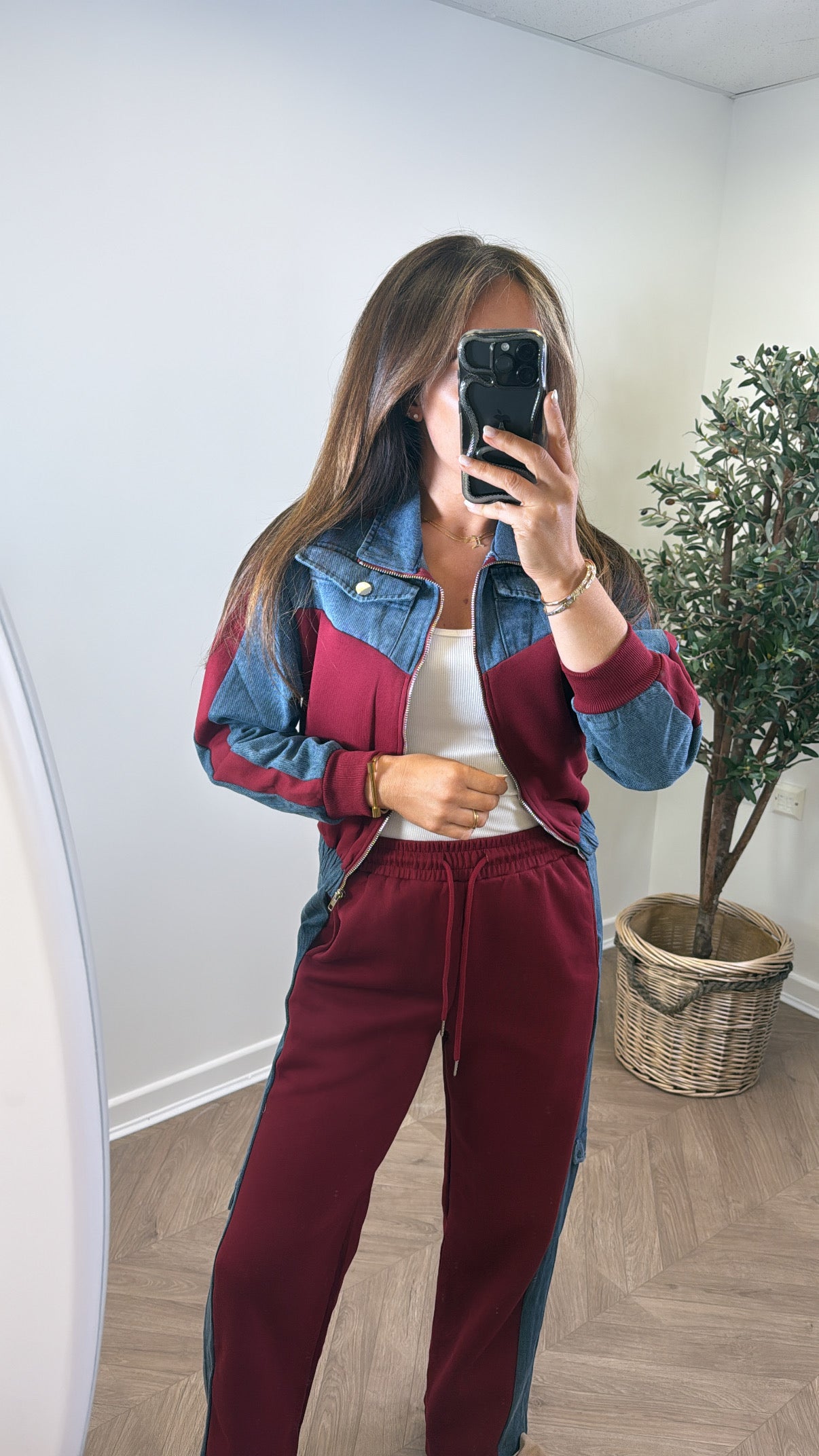 PERRIE cherry red and denim contrast jacket and trousers co -ord