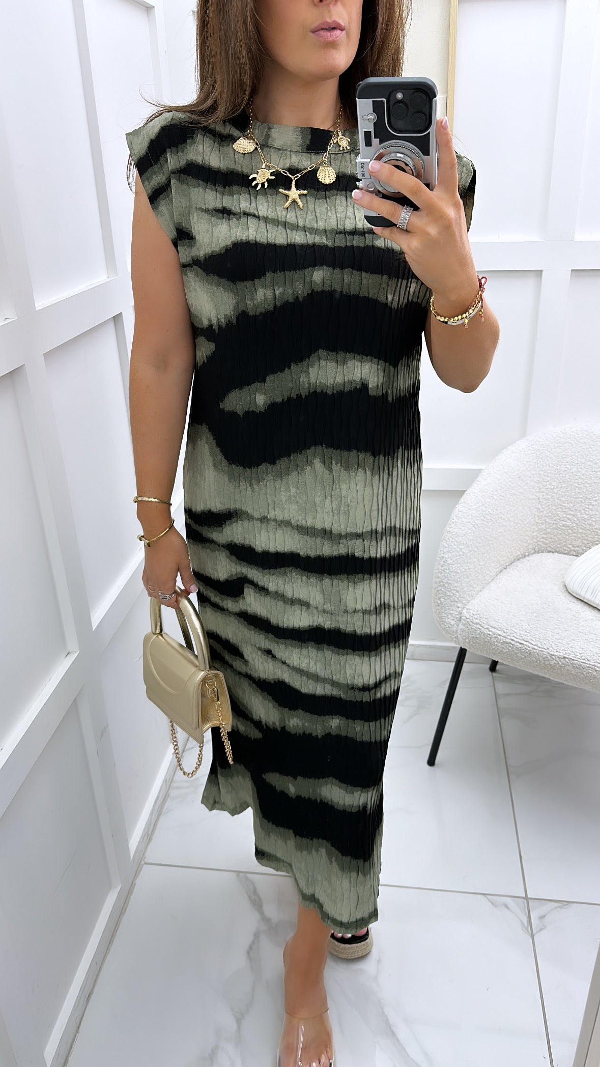 STEPHANIE green and black stripe high neck midi dress