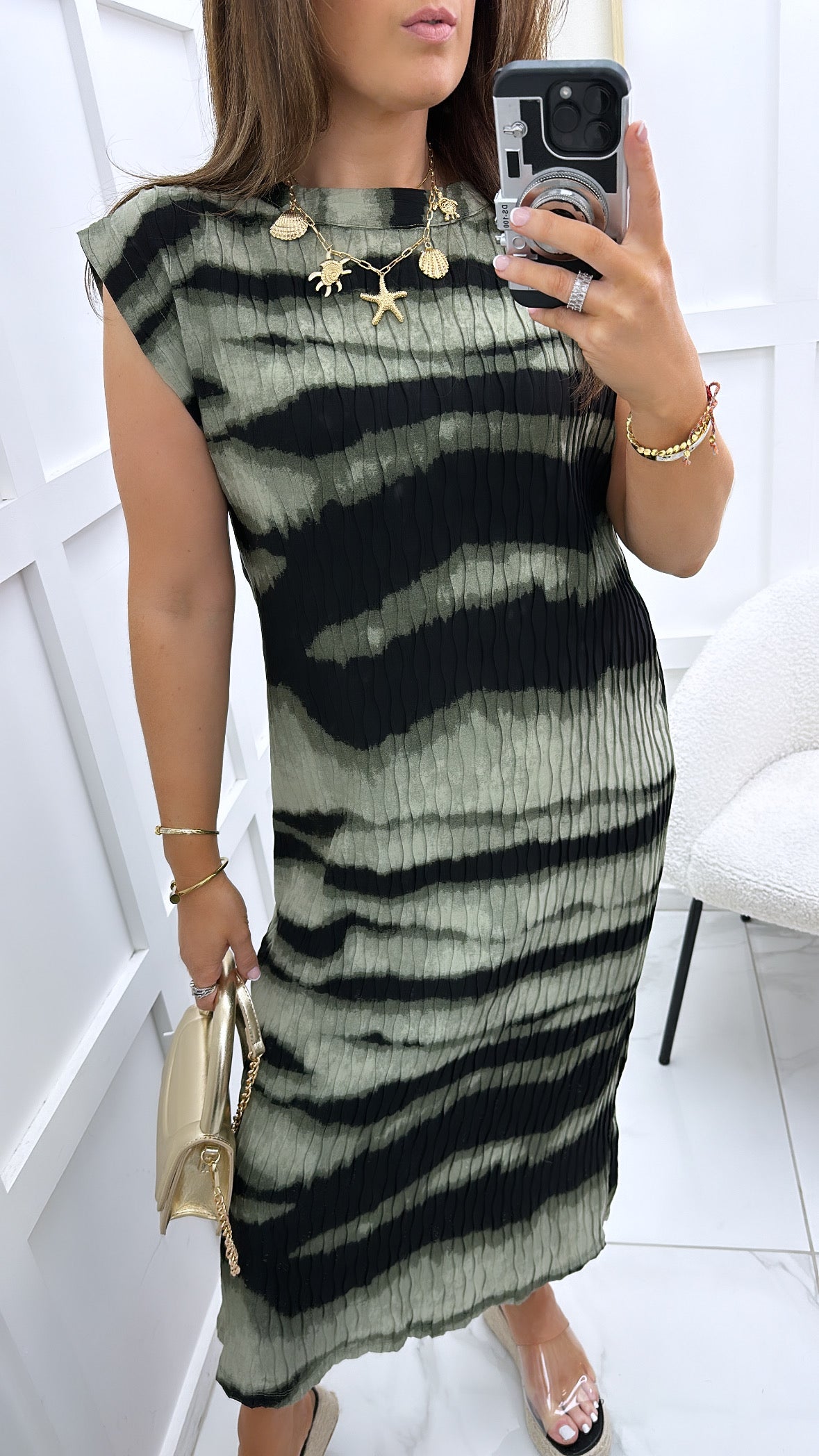 STEPHANIE green and black stripe high neck midi dress