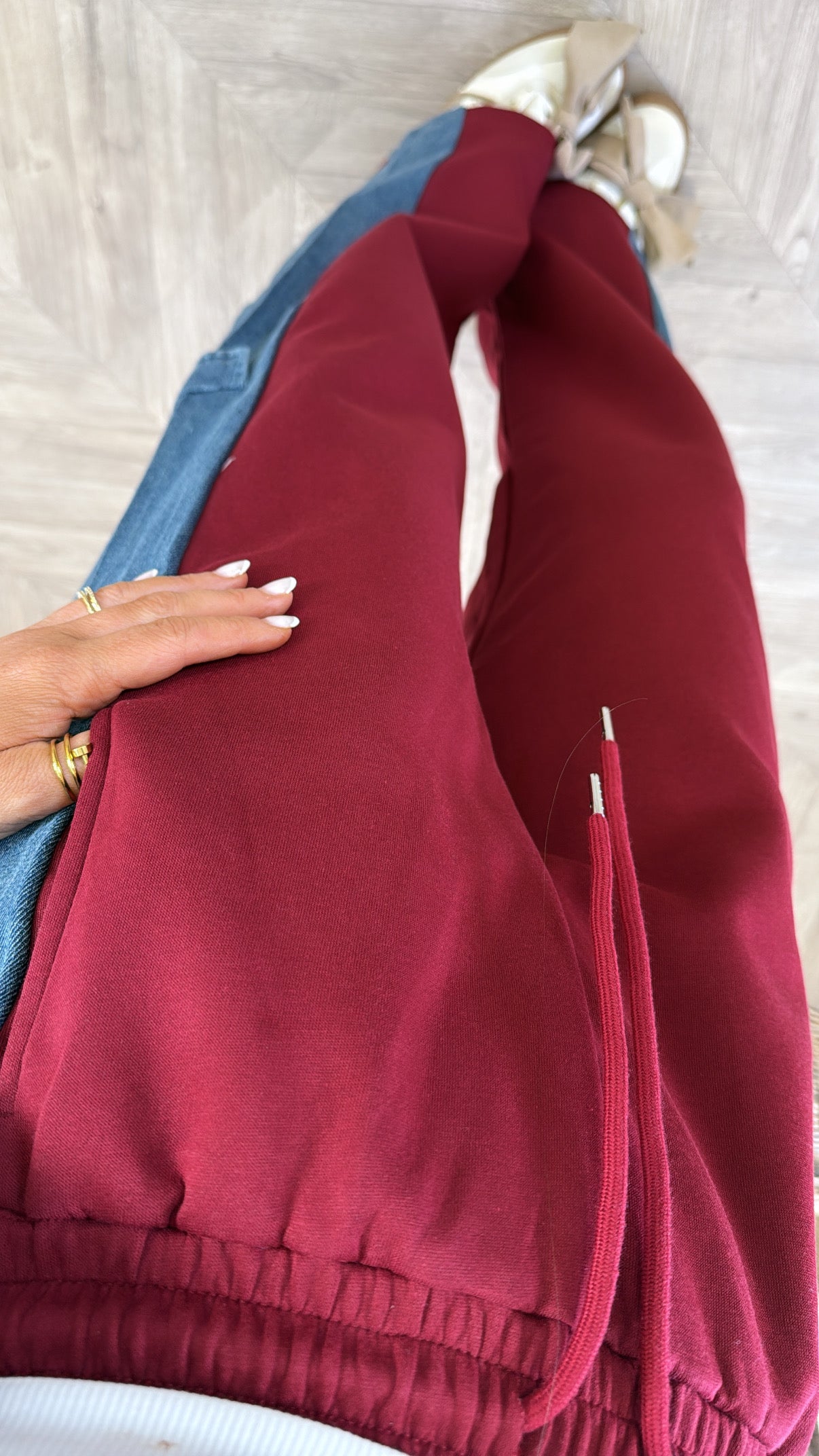 PERRIE cherry red and denim contrast jacket and trousers co -ord