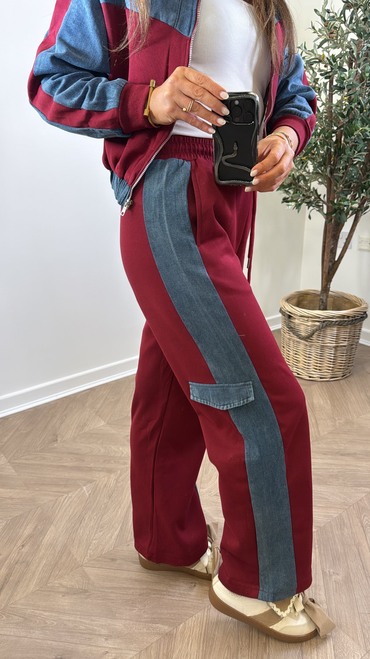 PERRIE cherry red and denim contrast jacket and trousers co -ord