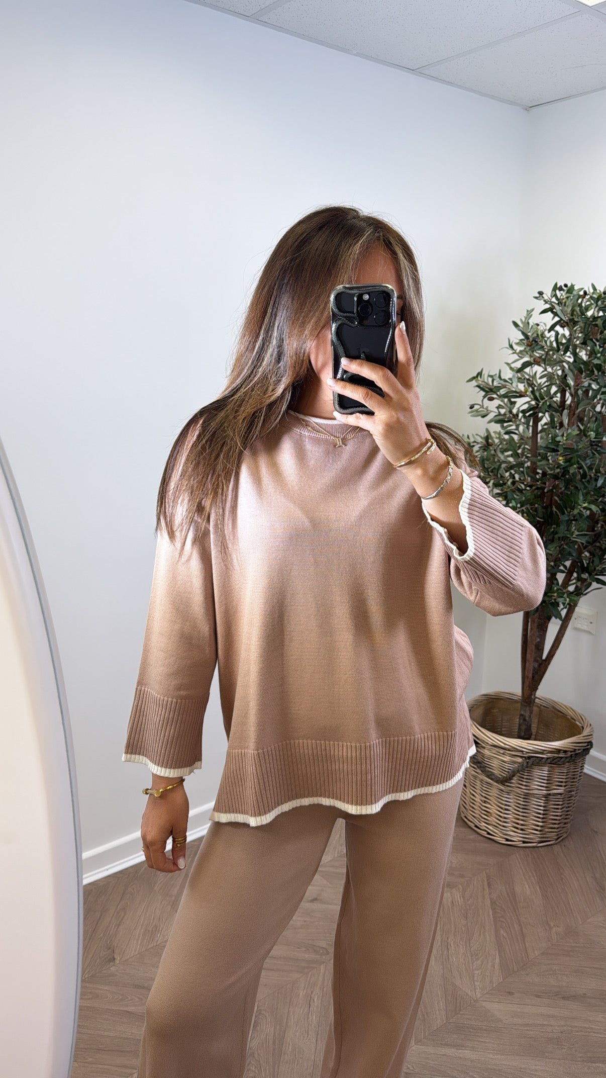 NIKITA camel knitted top with cream edging and wide leg trouser co-ord