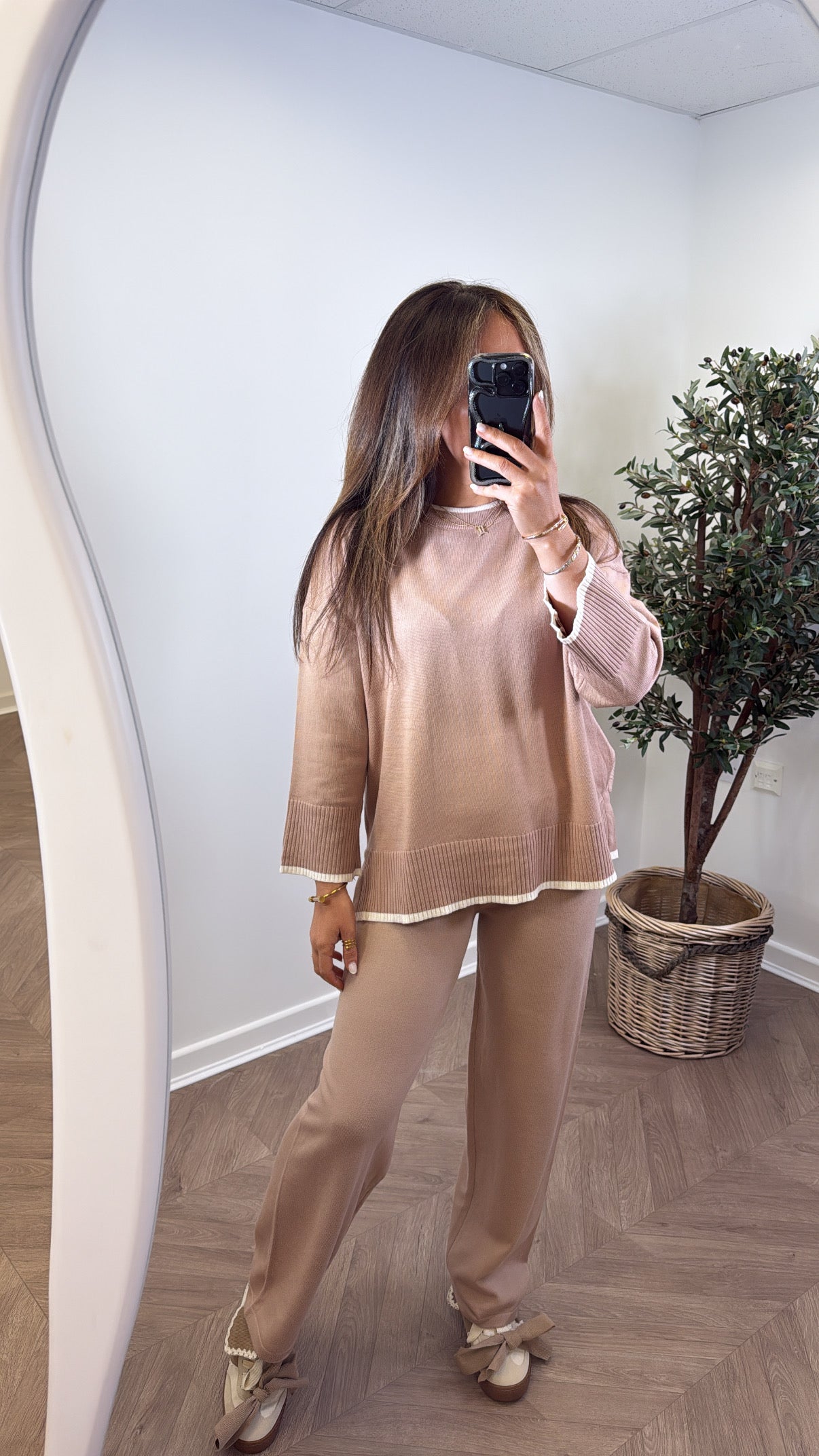 NIKITA camel knitted top with cream edging and wide leg trouser co-ord