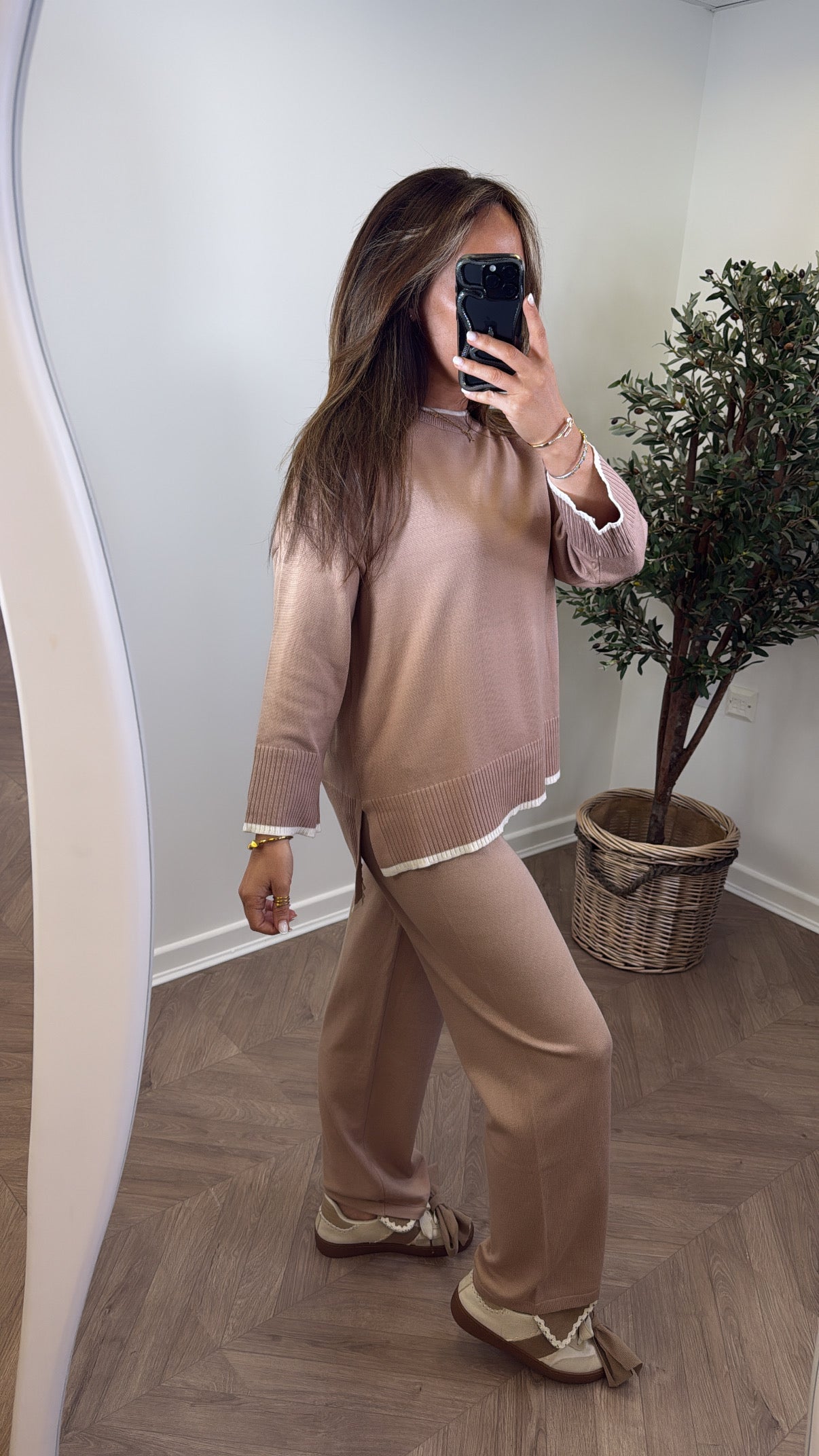 NIKITA camel knitted top with cream edging and wide leg trouser co-ord