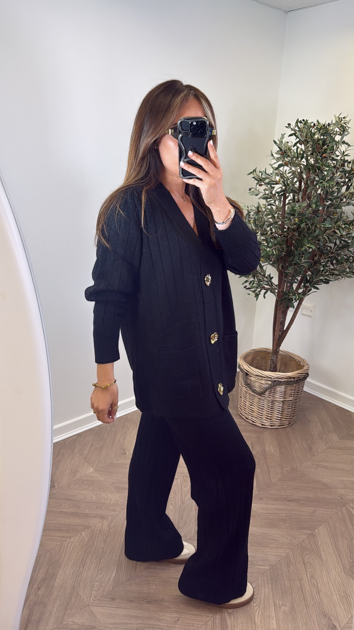 SABRINA black knitted cardigan and trousers co-ord