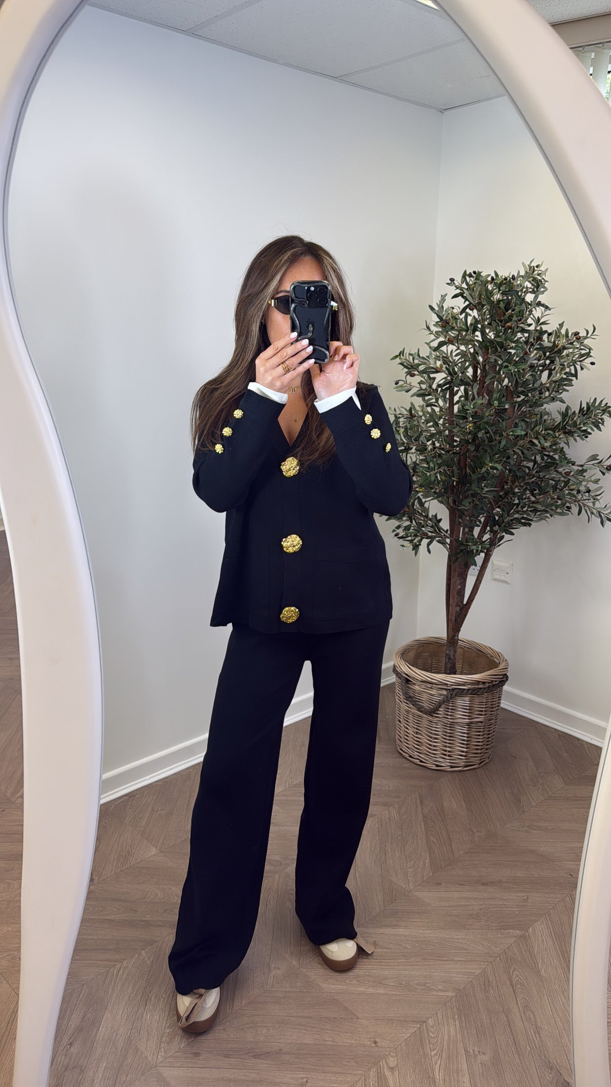 ETTA black knitted gold button cardigan with cream contrast cuff's and wide leg trousers co-ord