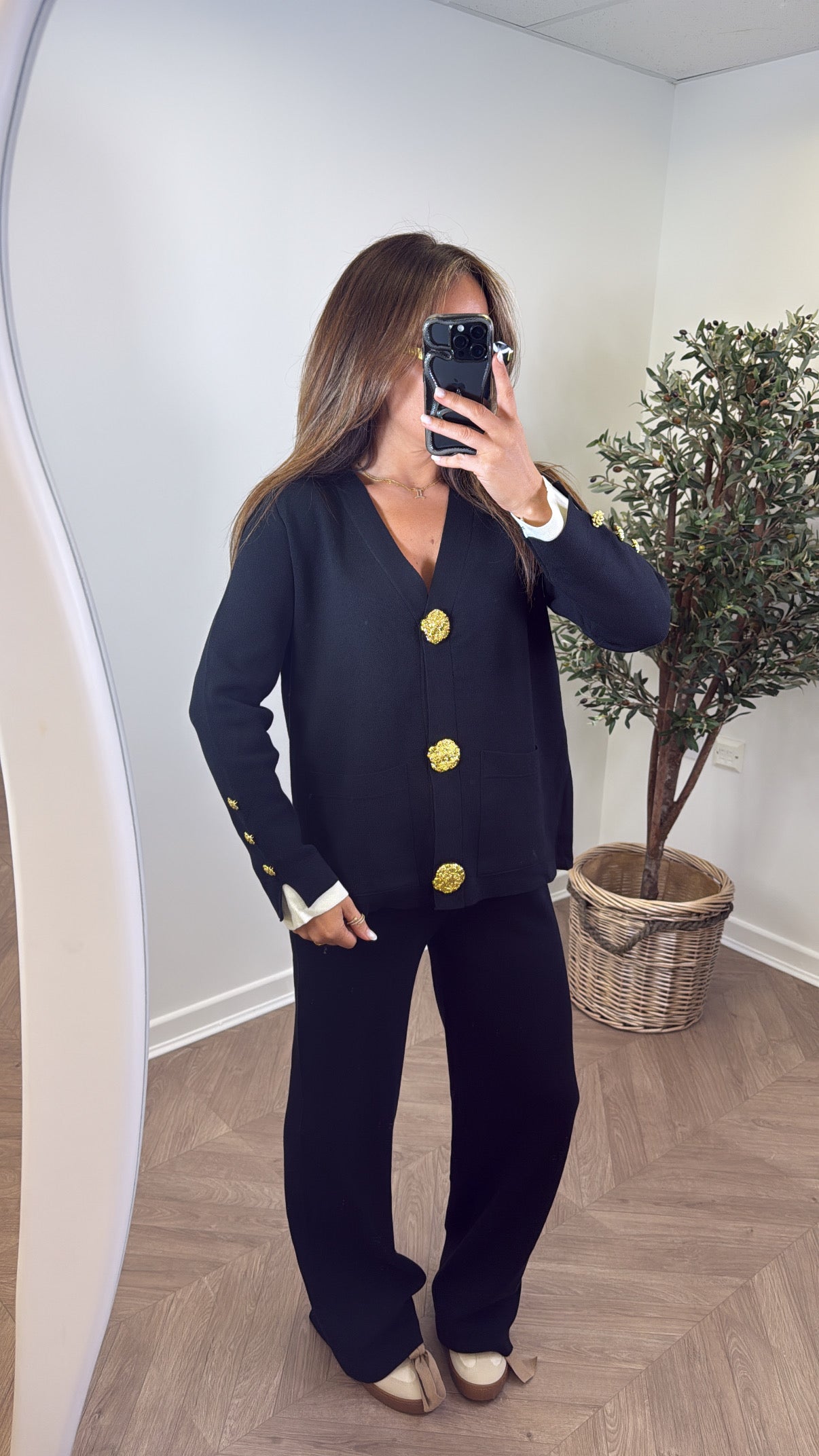 ETTA black knitted gold button cardigan with cream contrast cuff's and wide leg trousers co-ord