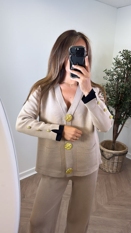 ETTA mocha knitted gold button cardigan with black contrast cuff's and wide leg trousers co-ord