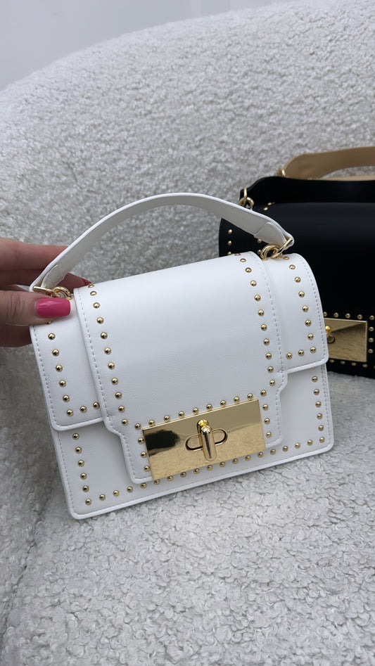 LARNA white cross body bag with gold stud details