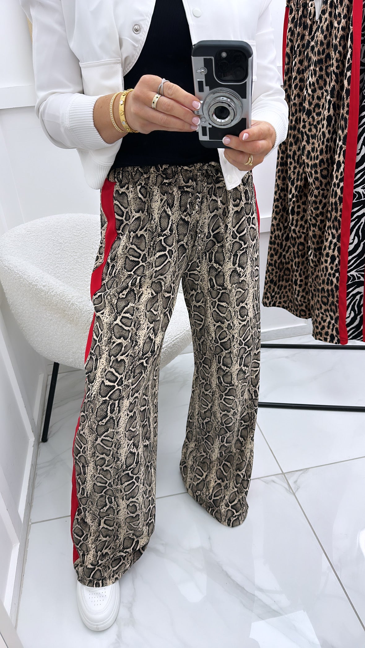 LARA snake print wide leg trousers with contrast red stripe