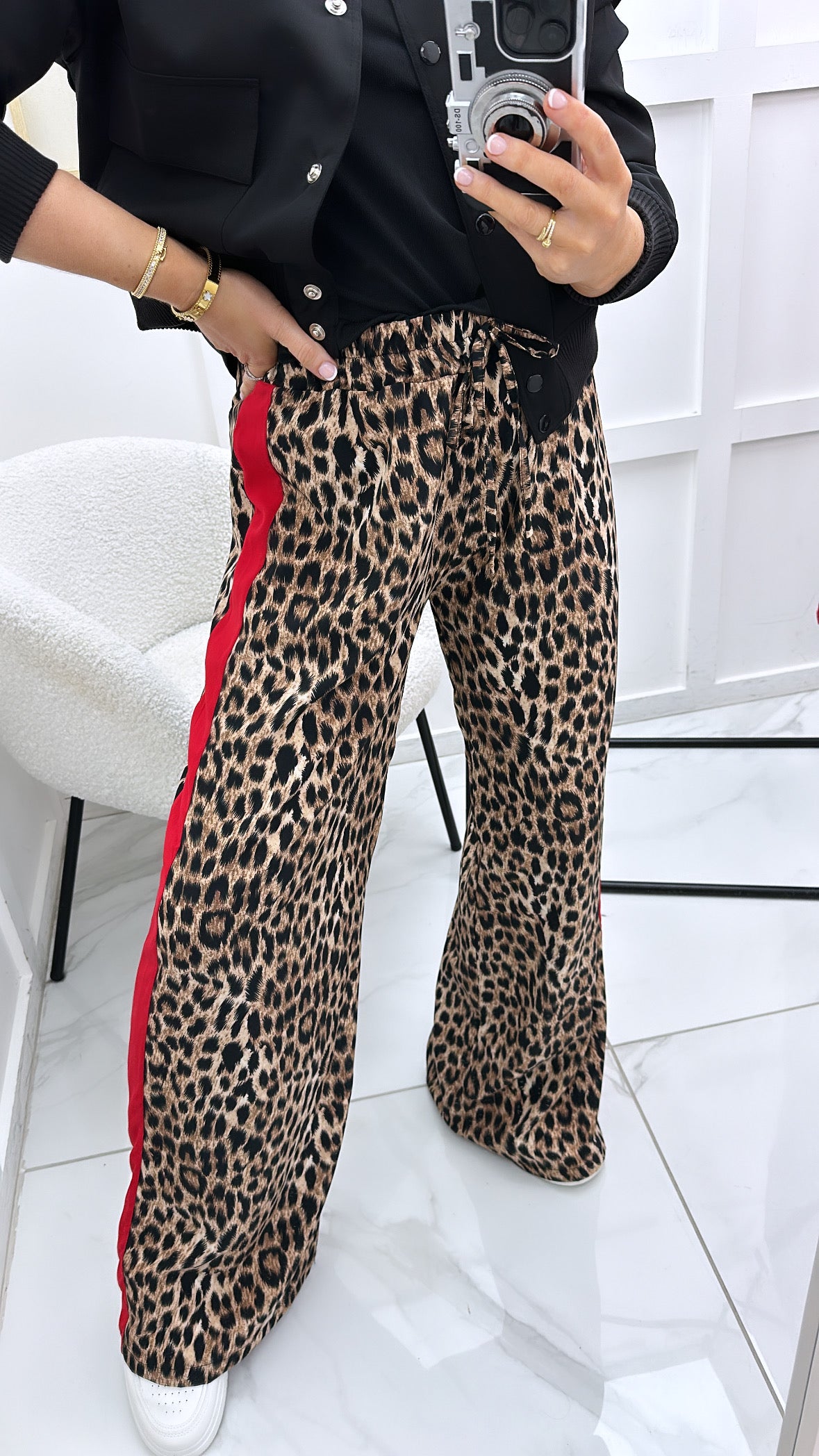 LARA leopard print wide leg trousers with contrast red stripe