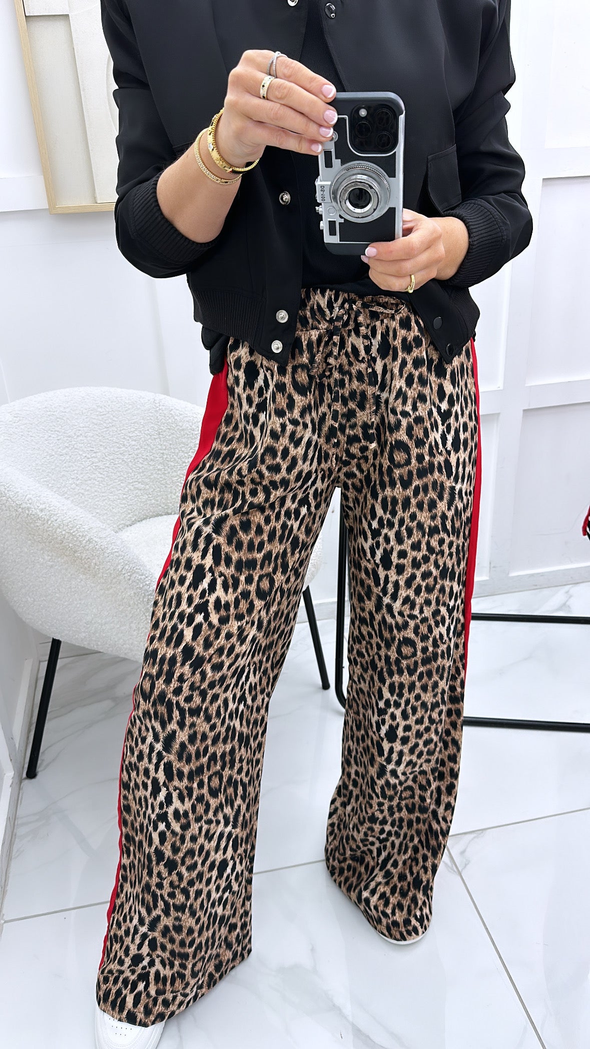 LARA leopard print wide leg trousers with contrast red stripe