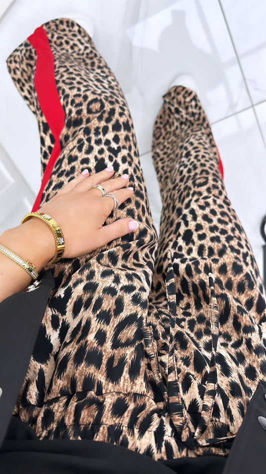 LARA leopard print wide leg trousers with contrast red stripe