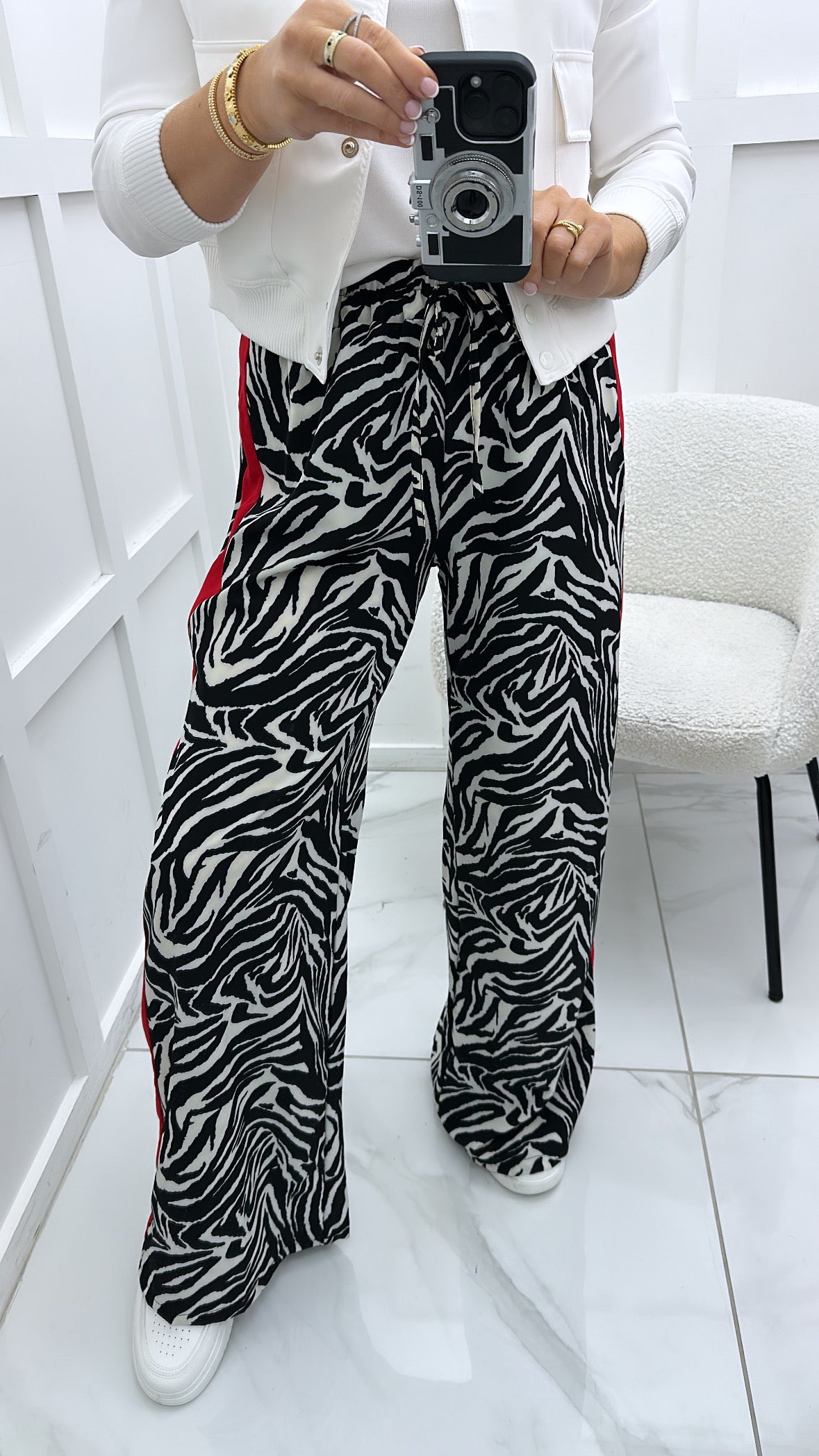 LARA zebra print wide leg trousers with contrast red stripe