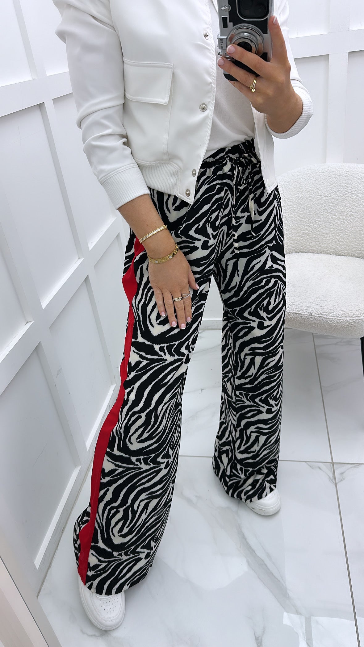 LARA zebra print wide leg trousers with contrast red stripe