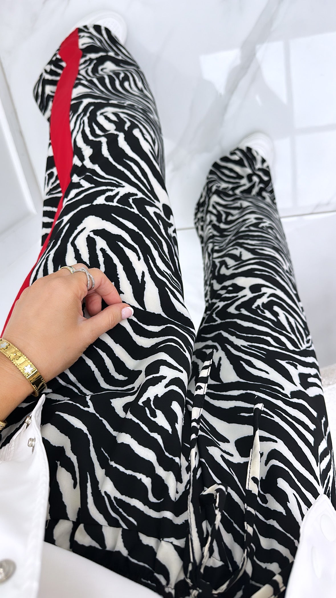 LARA zebra print wide leg trousers with contrast red stripe