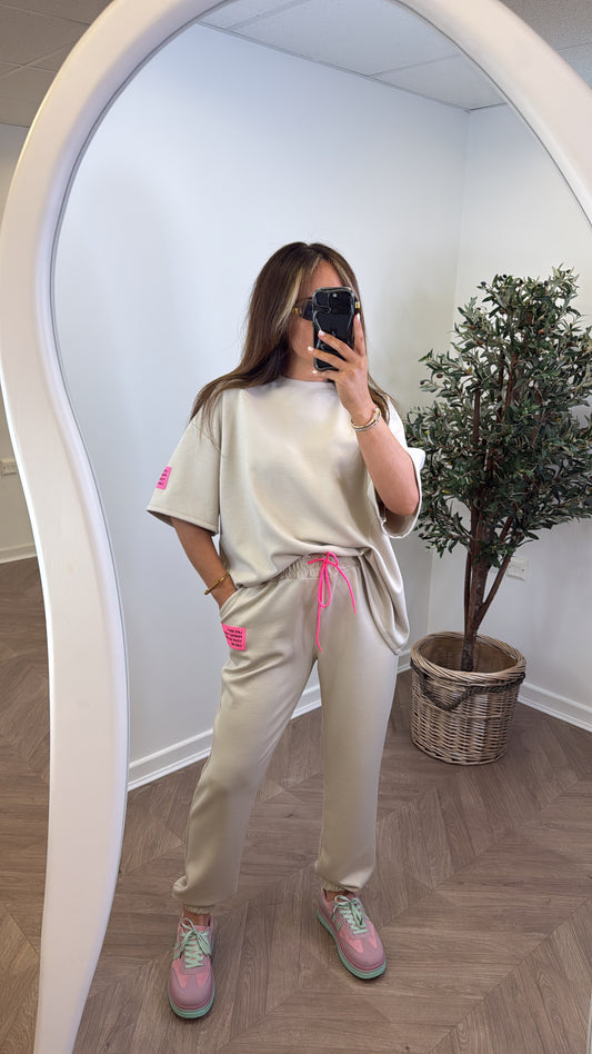 LESSIE beige life logo lounge set with cuffed joggers