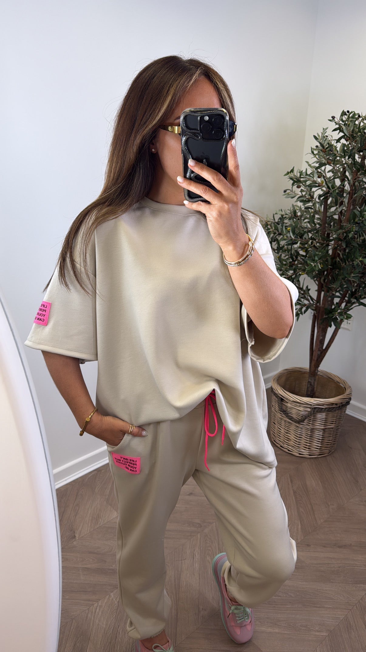 LESSIE beige life logo lounge set with cuffed joggers