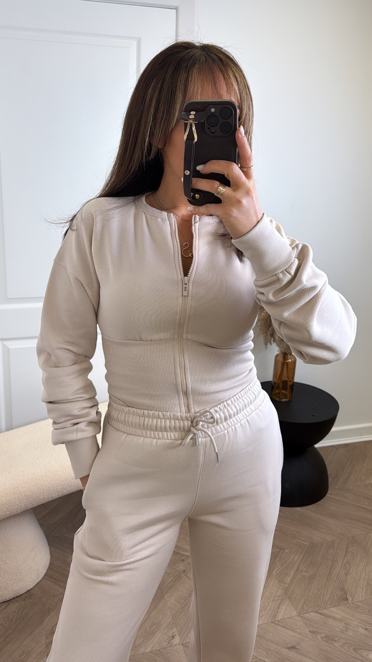 ALLY beige fitted zip top lounge set