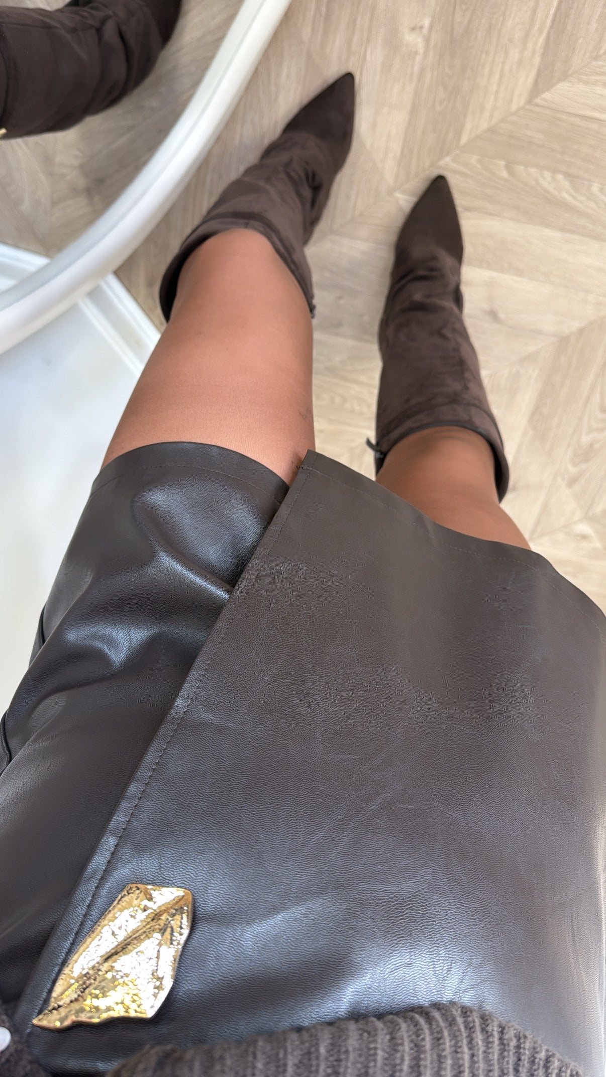MARCY brown faux leather skort with gold hardware