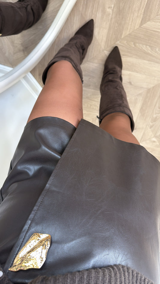 MARCY brown faux leather skort with gold hardware