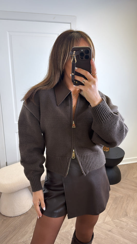 EBONIE brown knit zip up cardigan