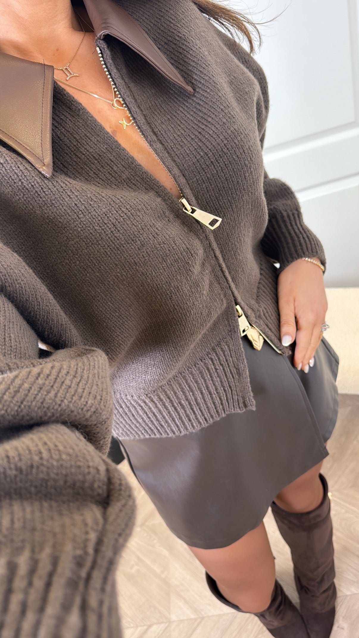 EBONIE brown knit zip up cardigan