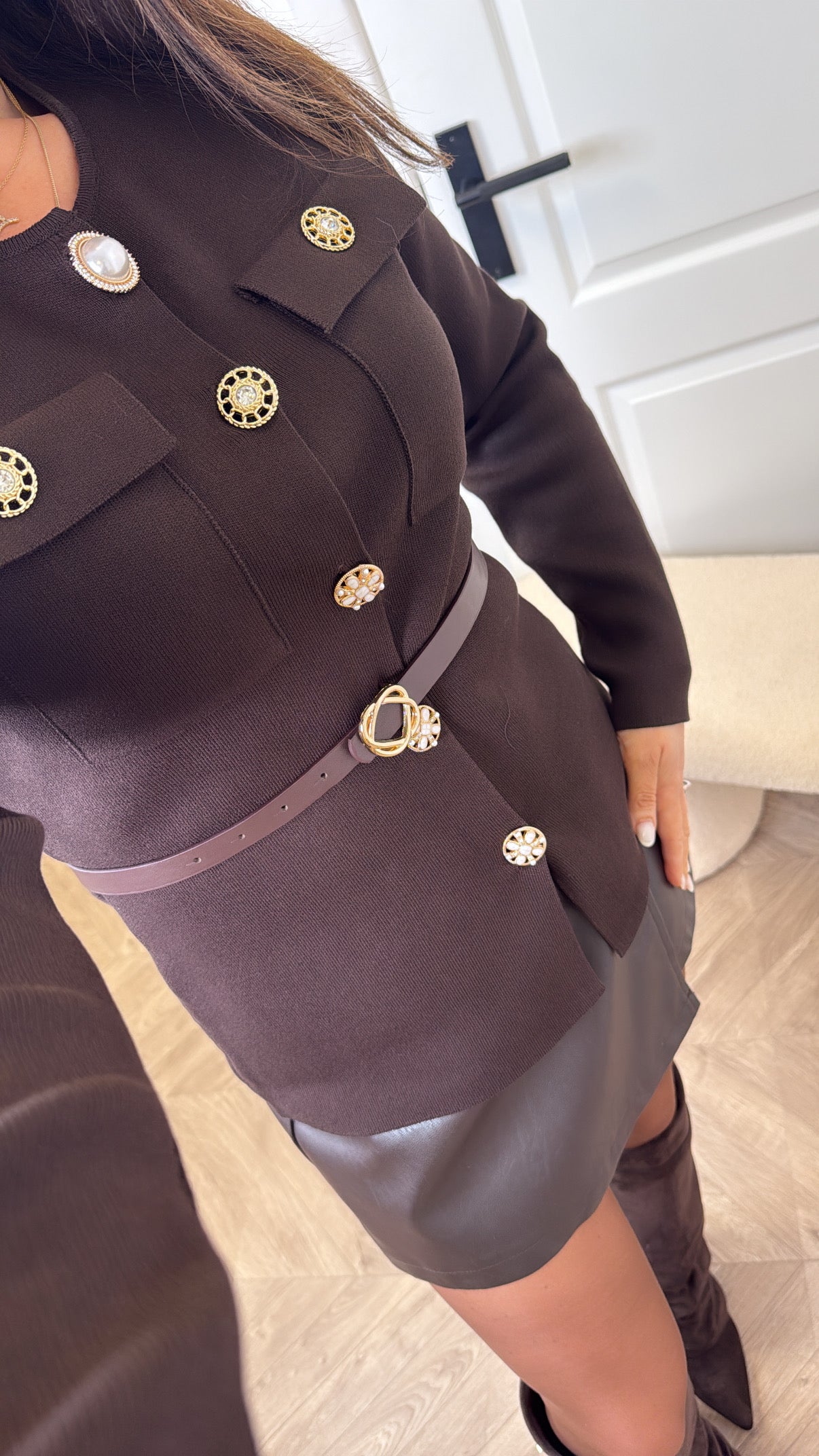 REBECCA brown belted cardigan with pearl buttons