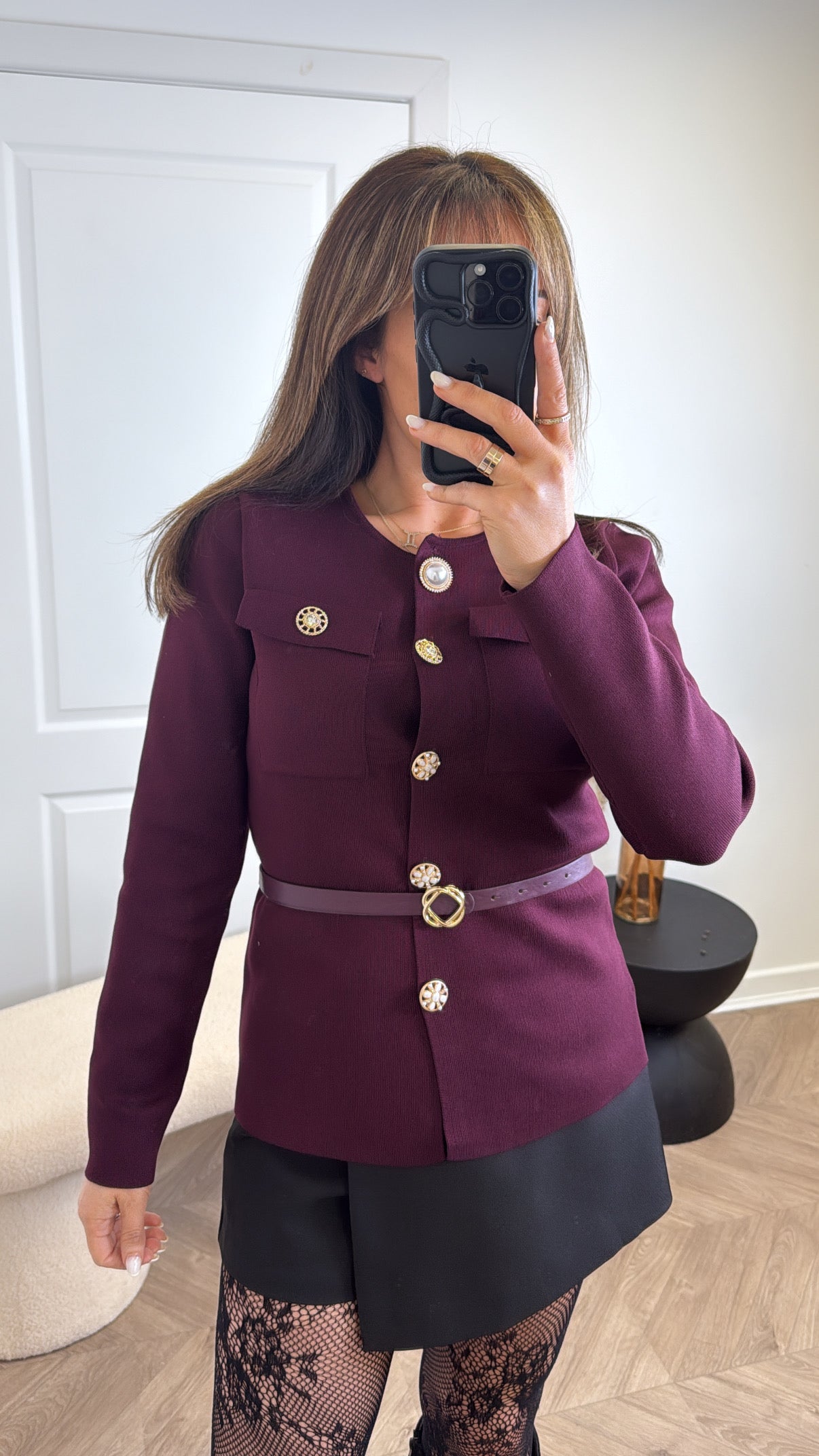 REBECCA plum belted cardigan with pearl buttons