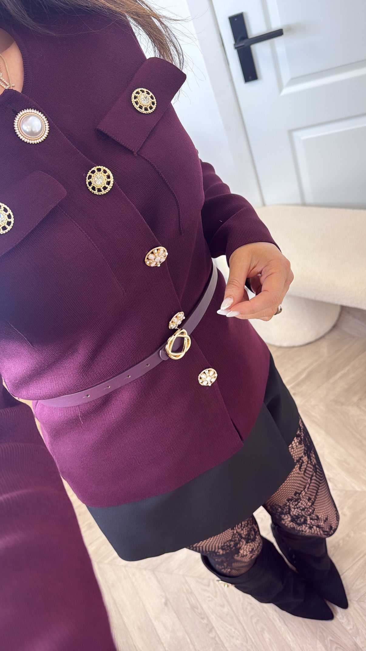 REBECCA plum belted cardigan with pearl buttons