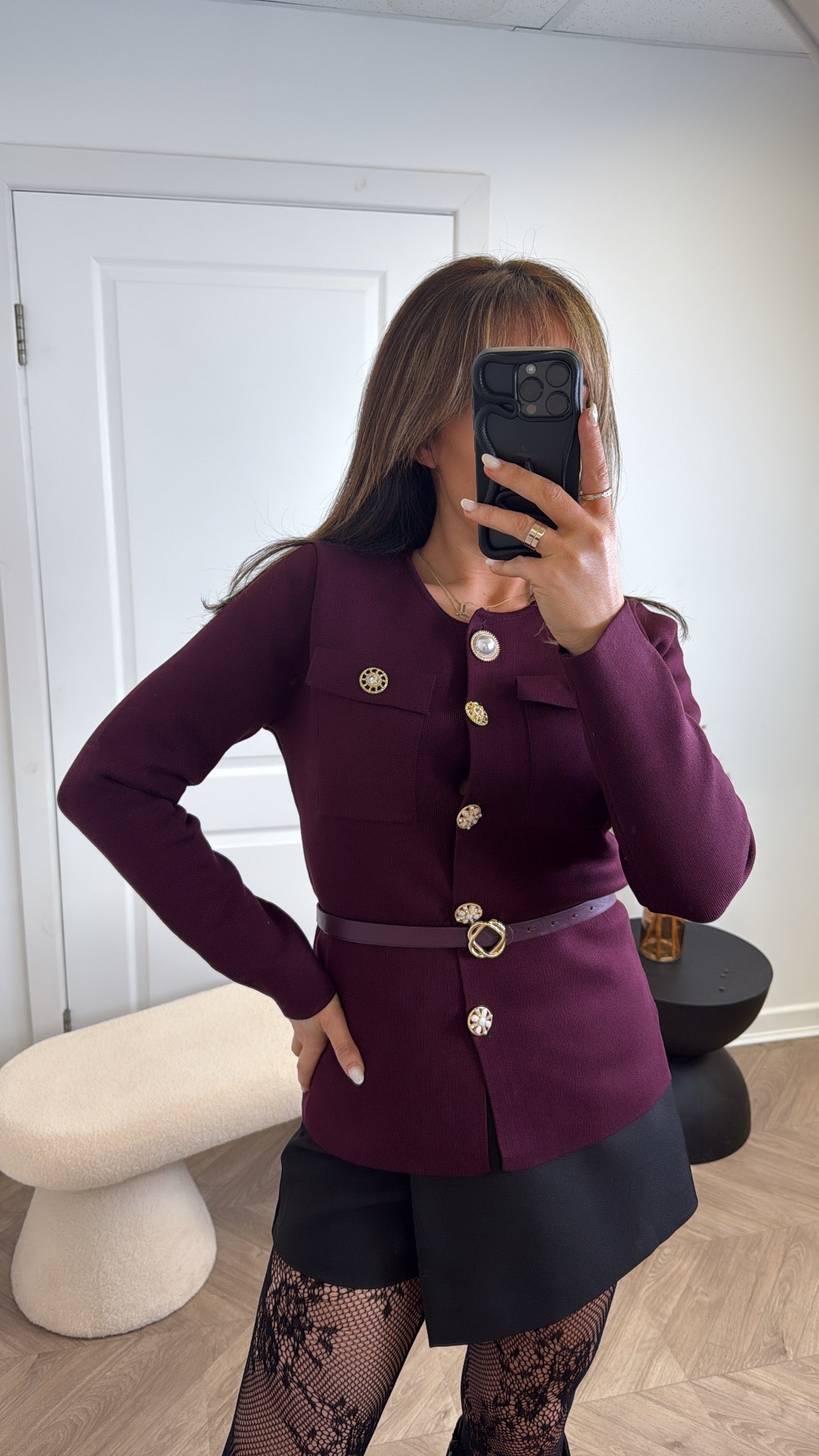 REBECCA plum belted cardigan with pearl buttons