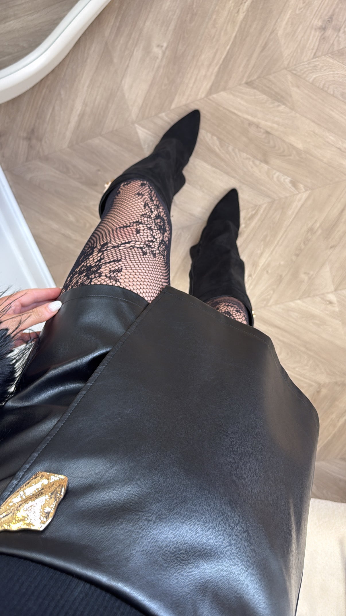 MARCY black faux leather skort with gold hardware