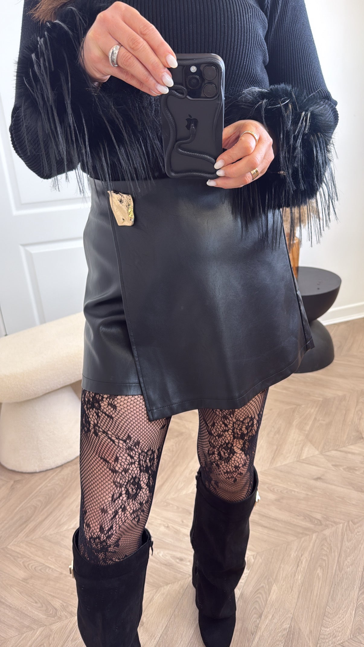 MARCY black faux leather skort with gold hardware