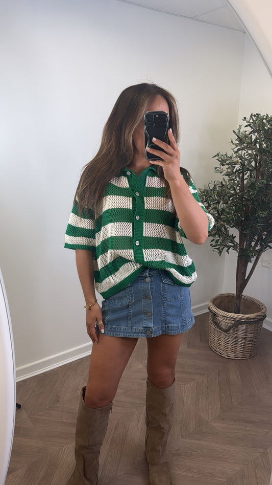 ROMI green and cream stripe button up crochet top
