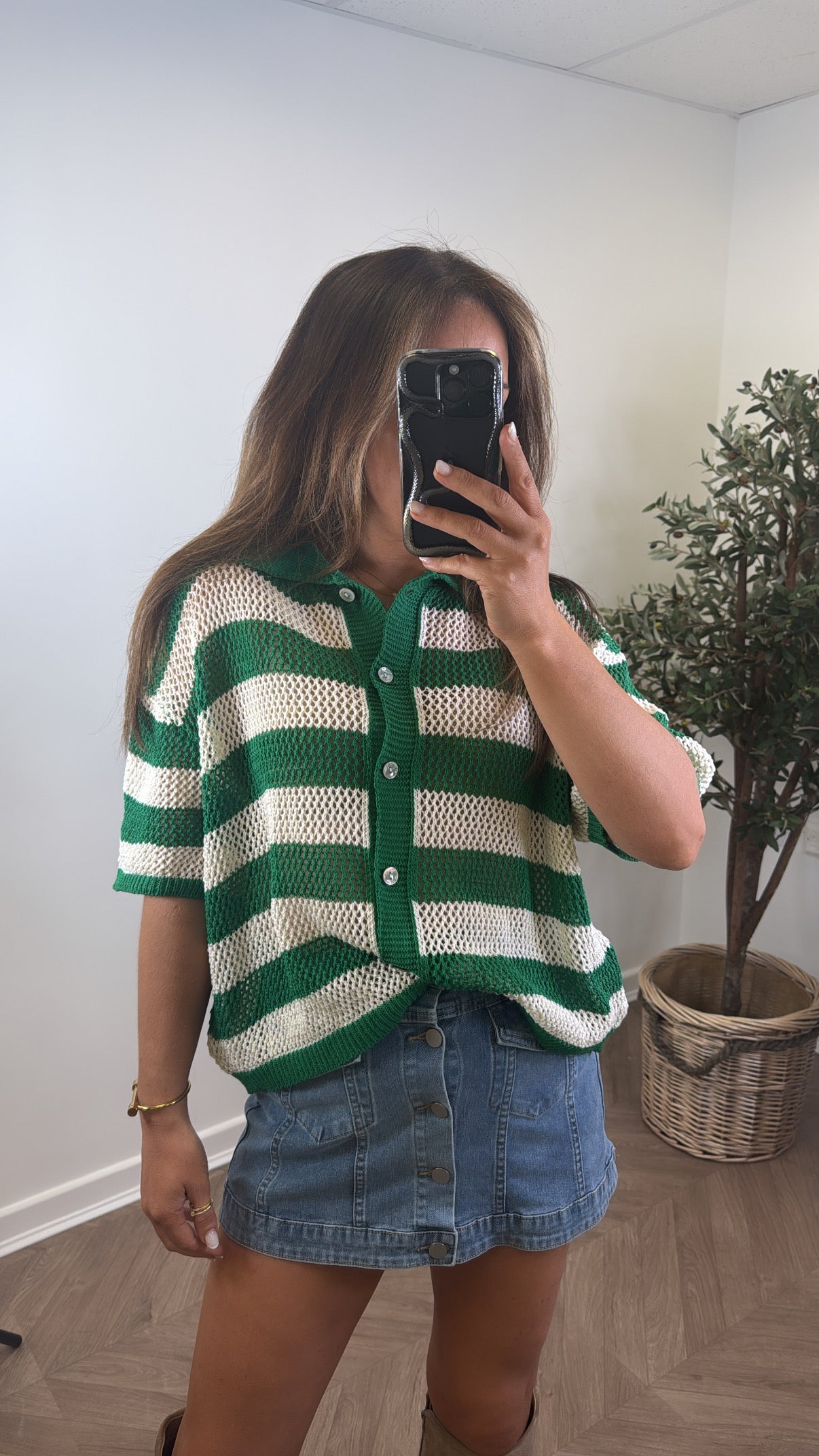 ROMI green and cream stripe button up crochet top