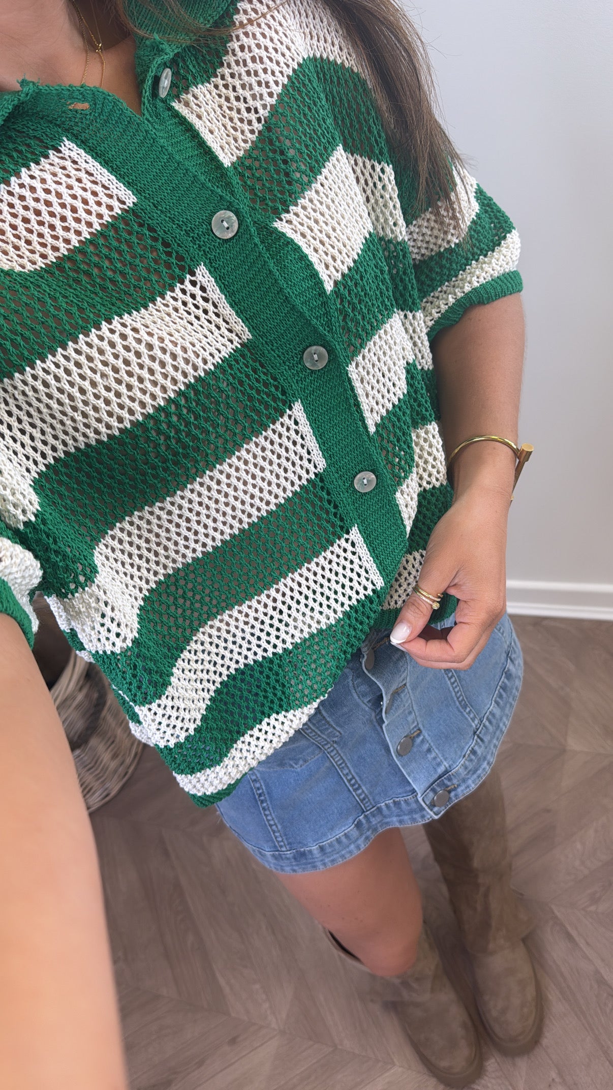 ROMI green and cream stripe button up crochet top