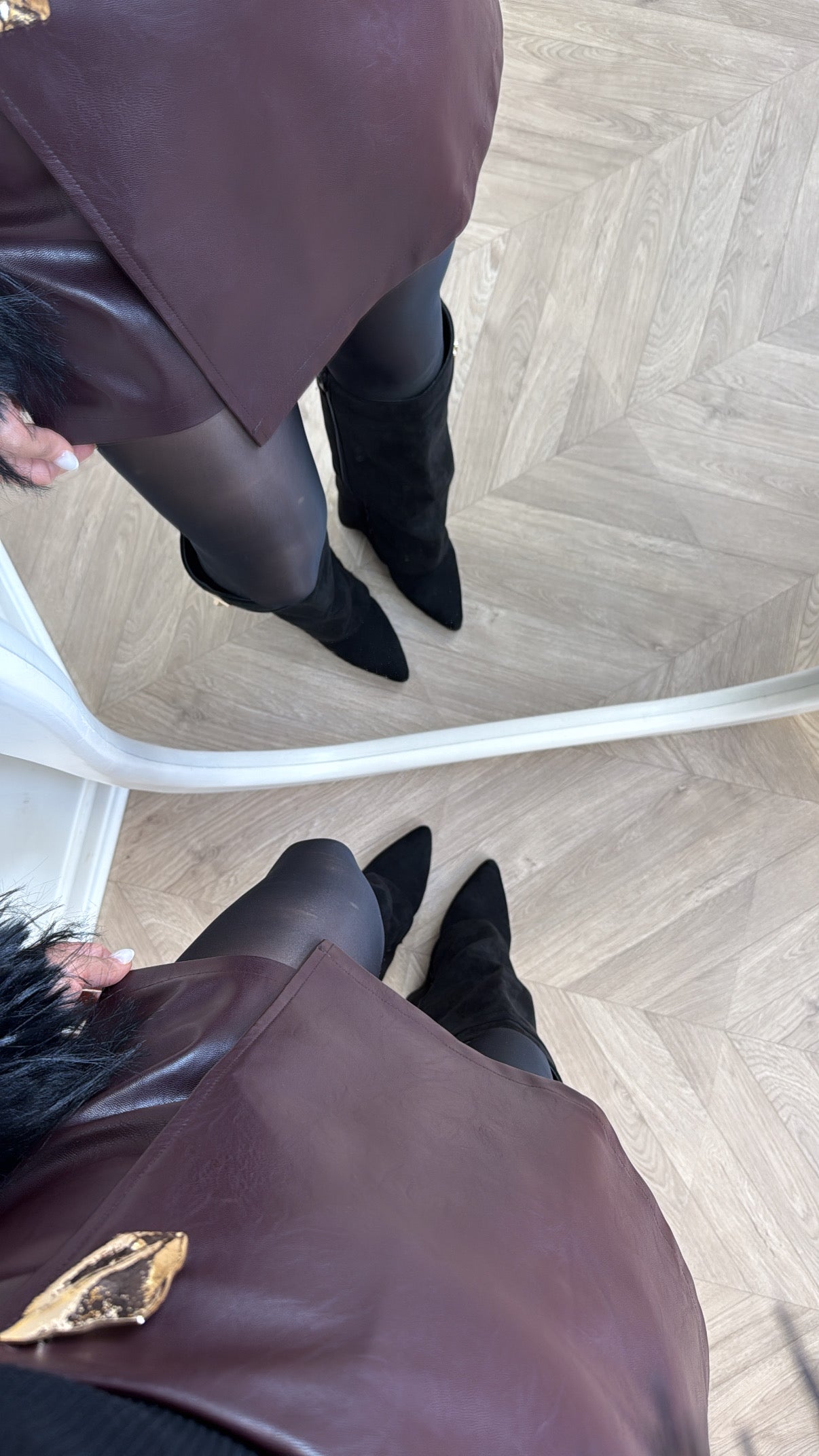 MARCY burgundy faux leather skort with gold hardware