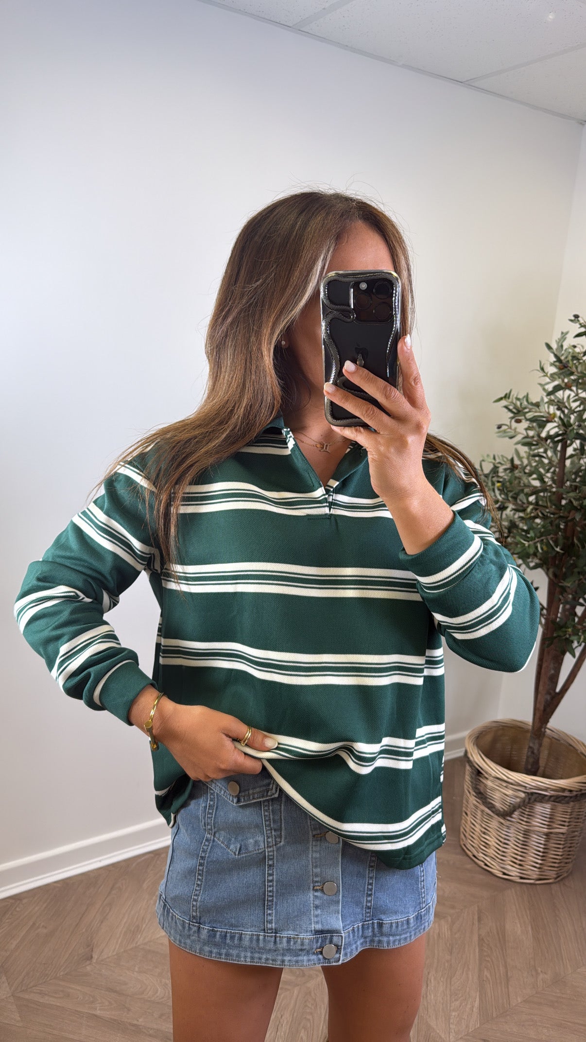 LOLA green and cream stripe long sleeve polo top