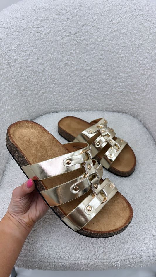 CELINA gold slider sandals with gold stud detail