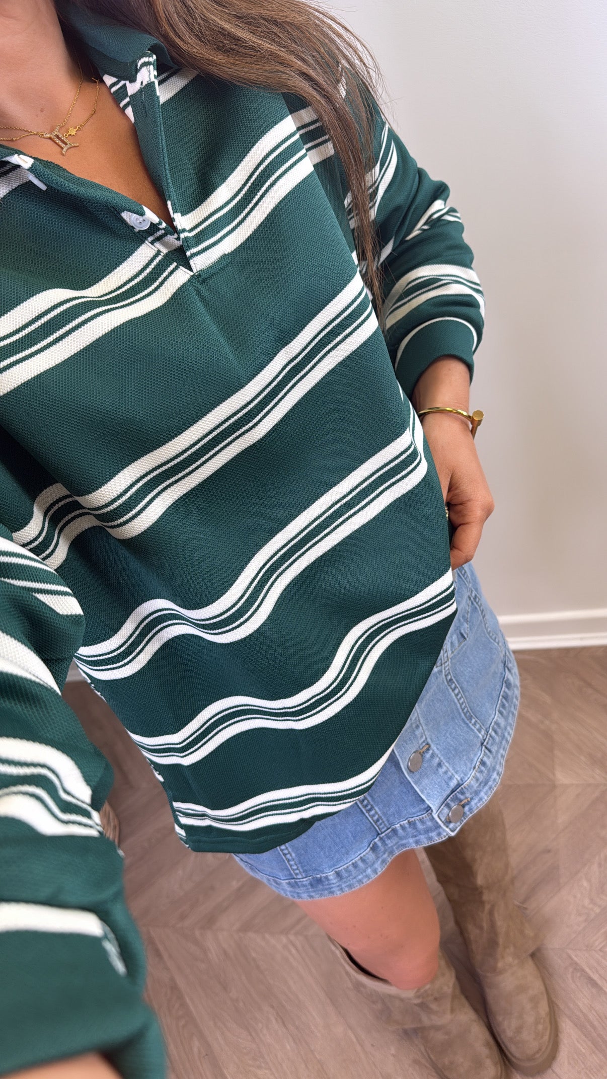 LOLA green and cream stripe long sleeve polo top