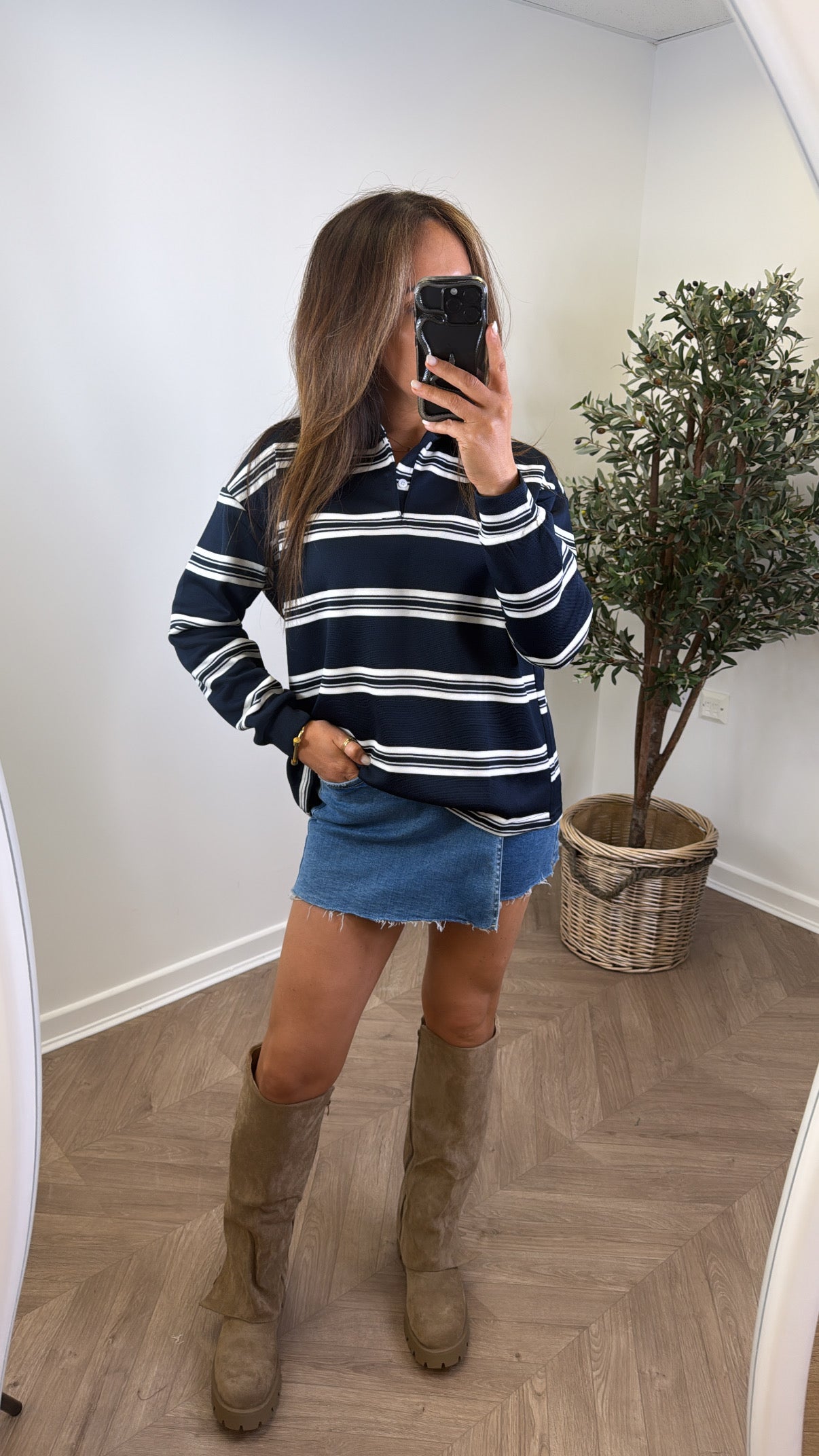 LOLA navy and cream stripe long sleeve polo top