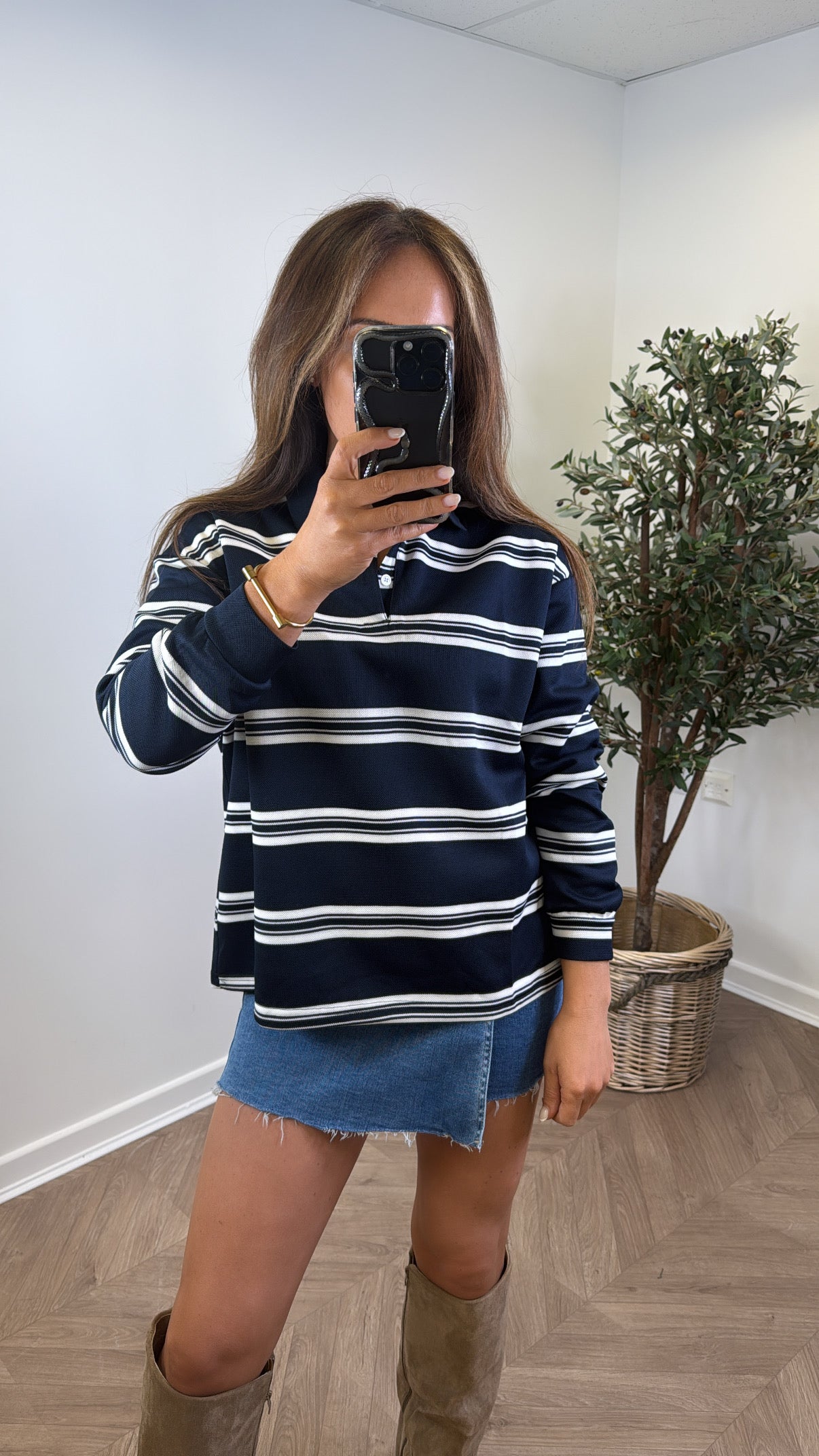 LOLA navy and cream stripe long sleeve polo top