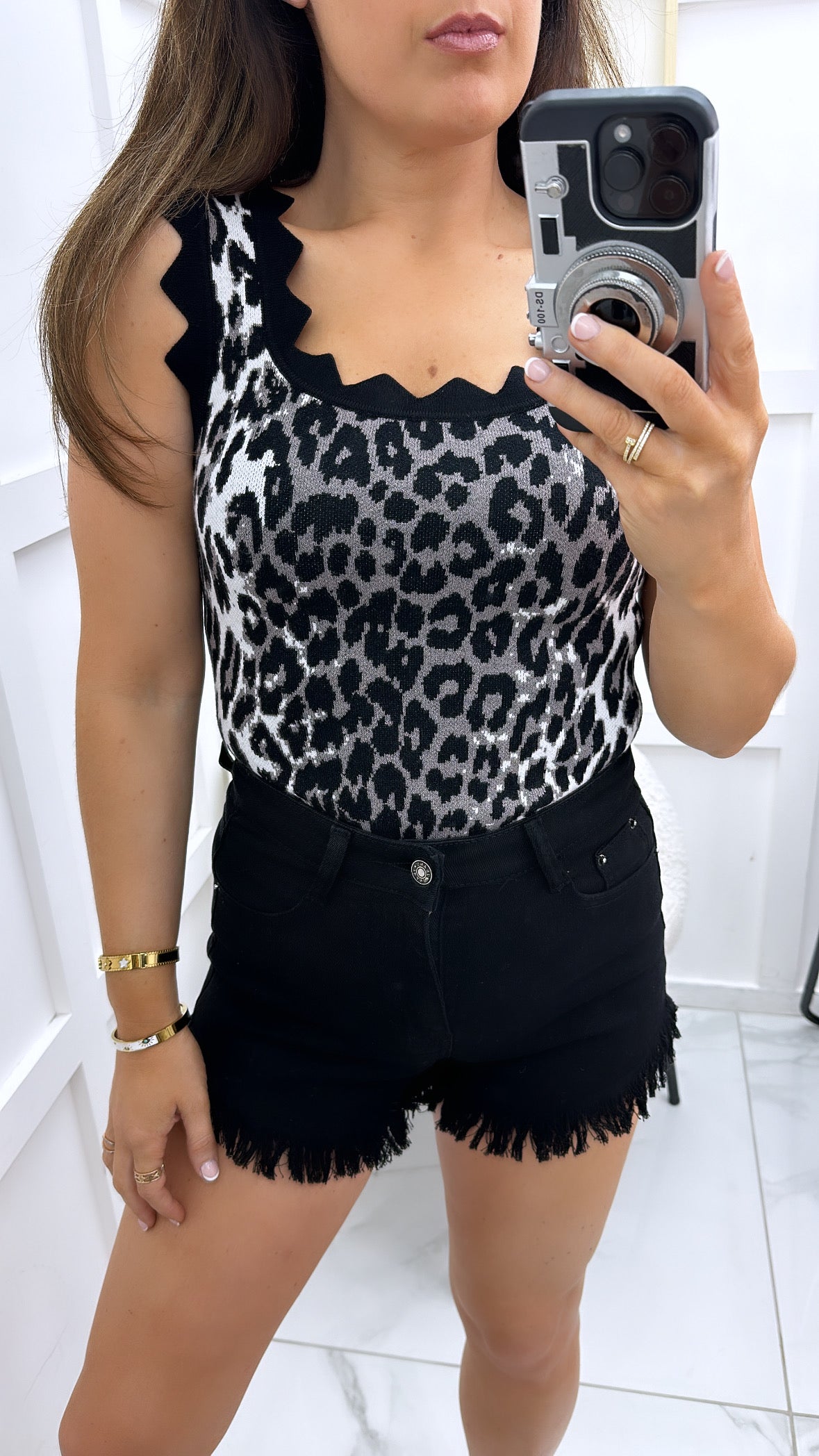 MYLA black leopard scalloped knitted top