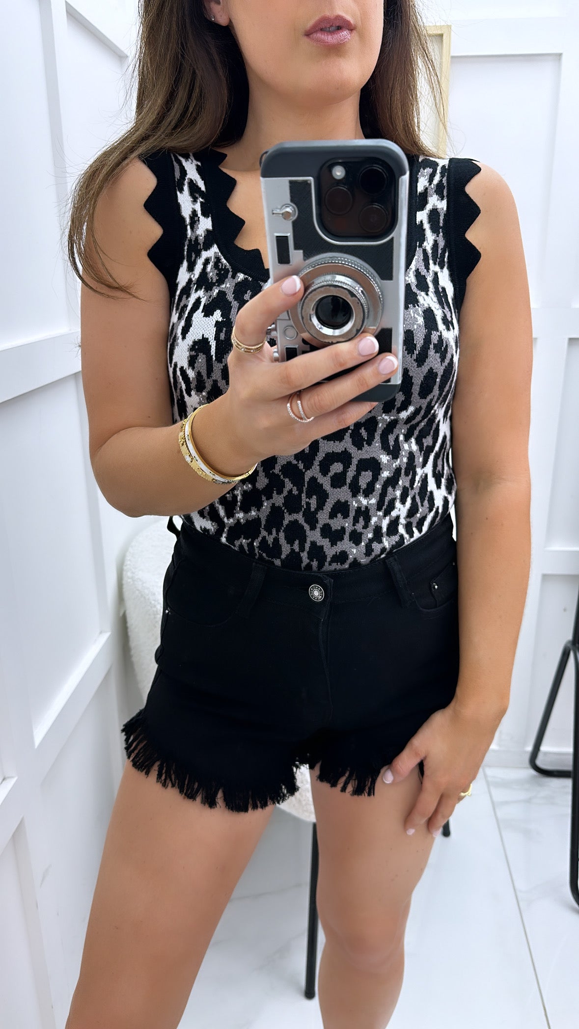 MYLA black leopard scalloped knitted top