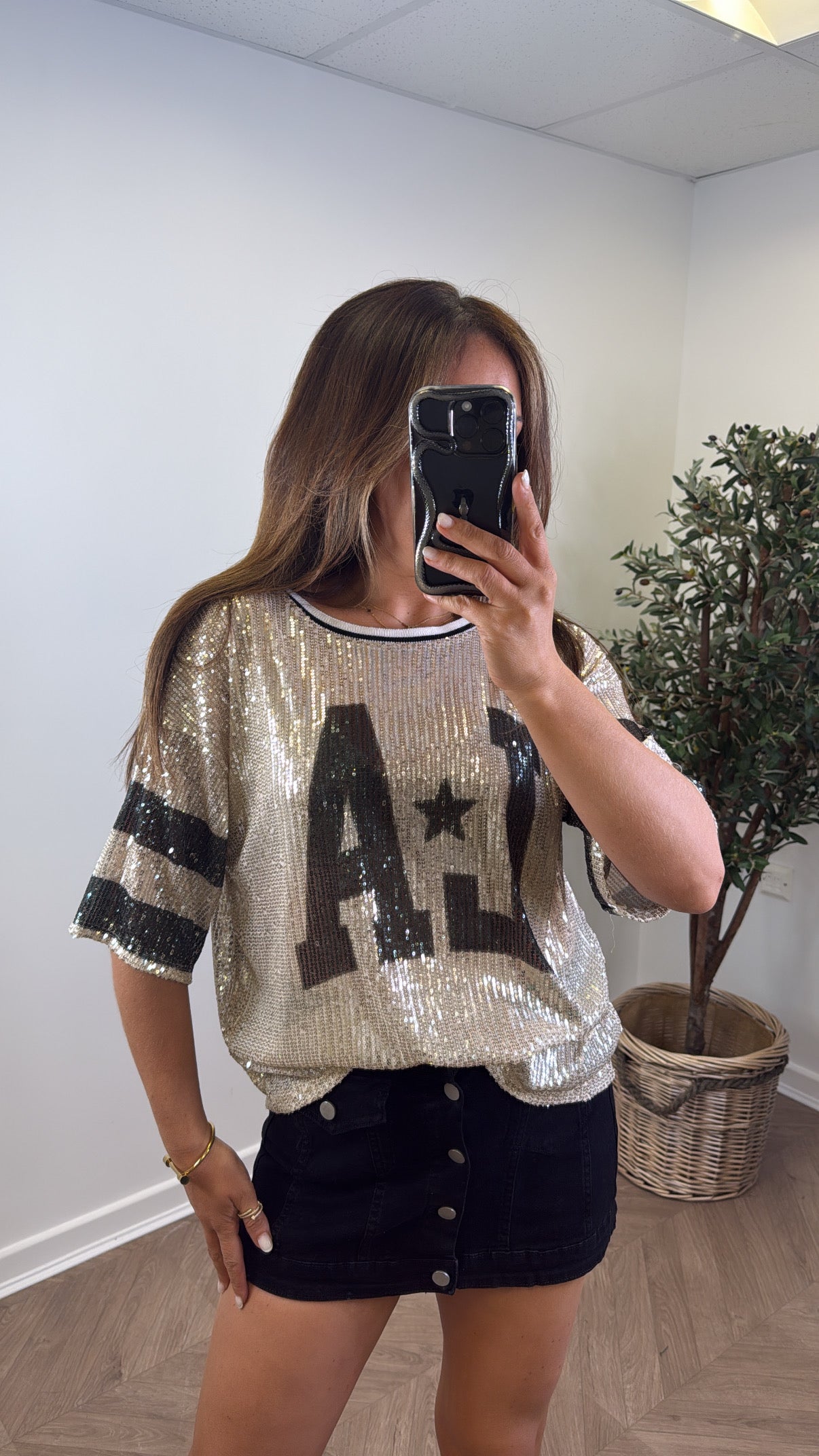 KASEY khaki and gold sequin LA top
