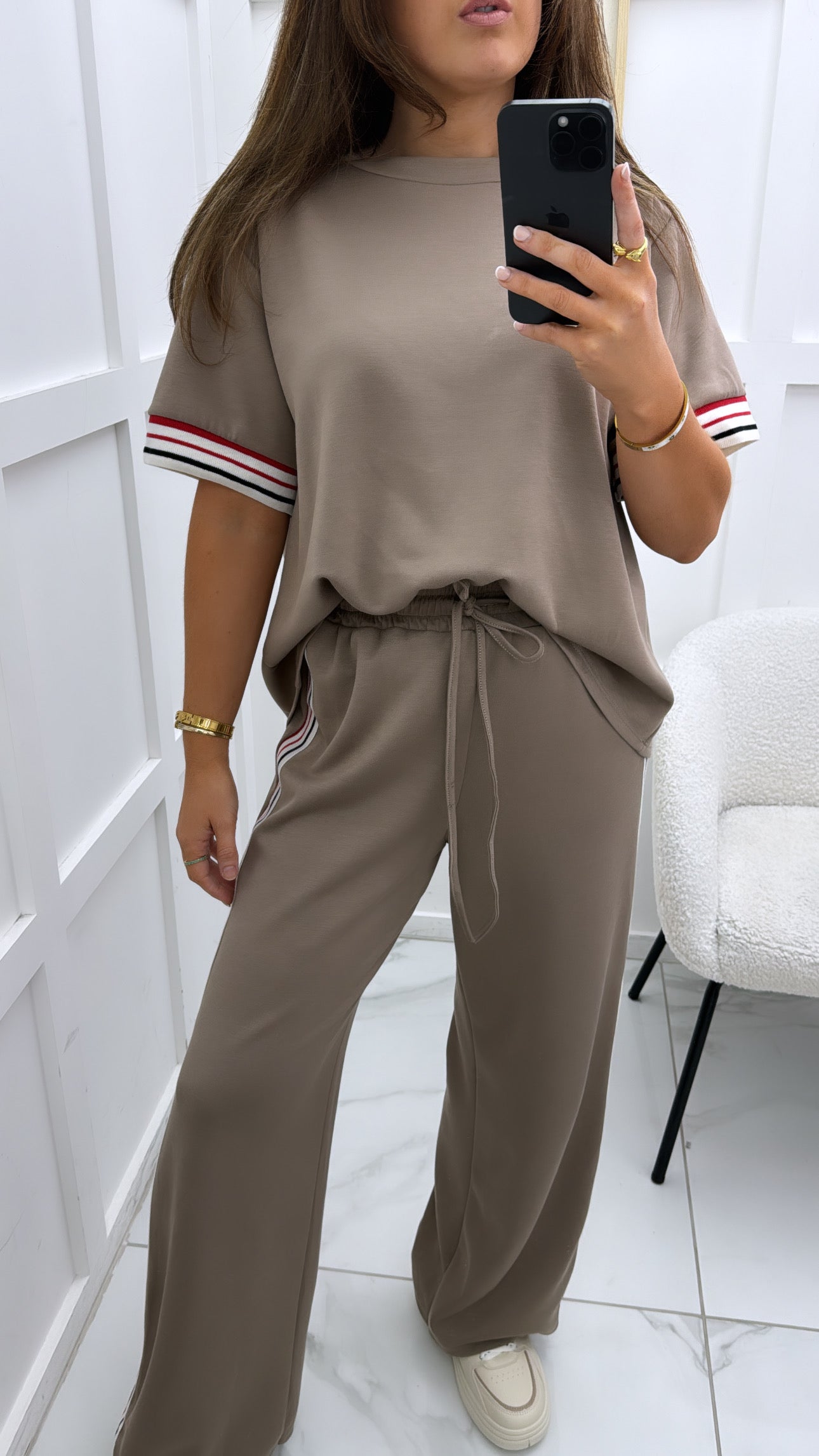 JESSICA mocha with contrast stripe t-shirt and wide leg joggers co-ord