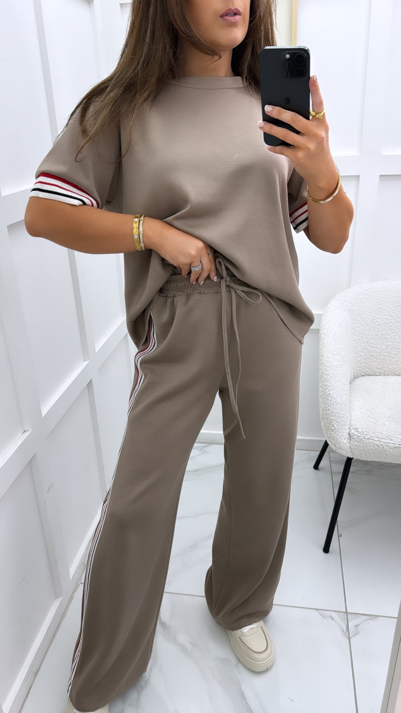 JESSICA mocha with contrast stripe t-shirt and wide leg joggers co-ord