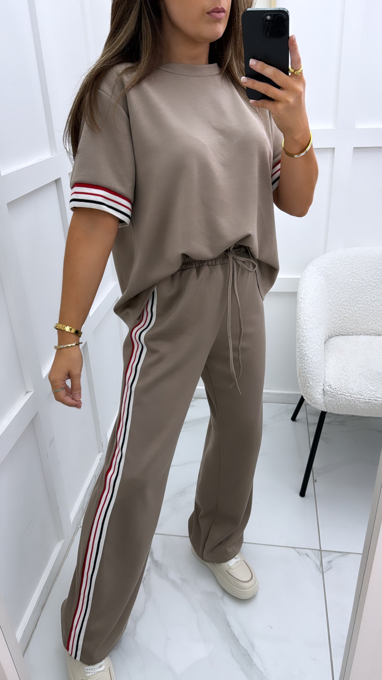 JESSICA mocha with contrast stripe t-shirt and wide leg joggers co-ord