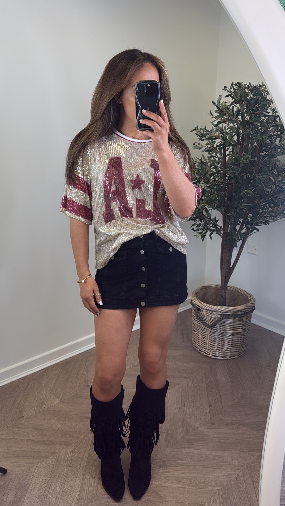 KASEY burgundy and gold sequin LA top